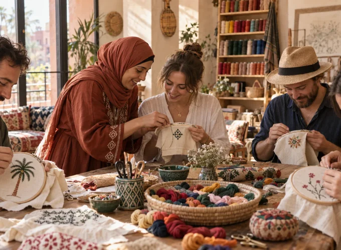 Hand embroidering a palm tree motif on a hoop in a Marrakech workshop